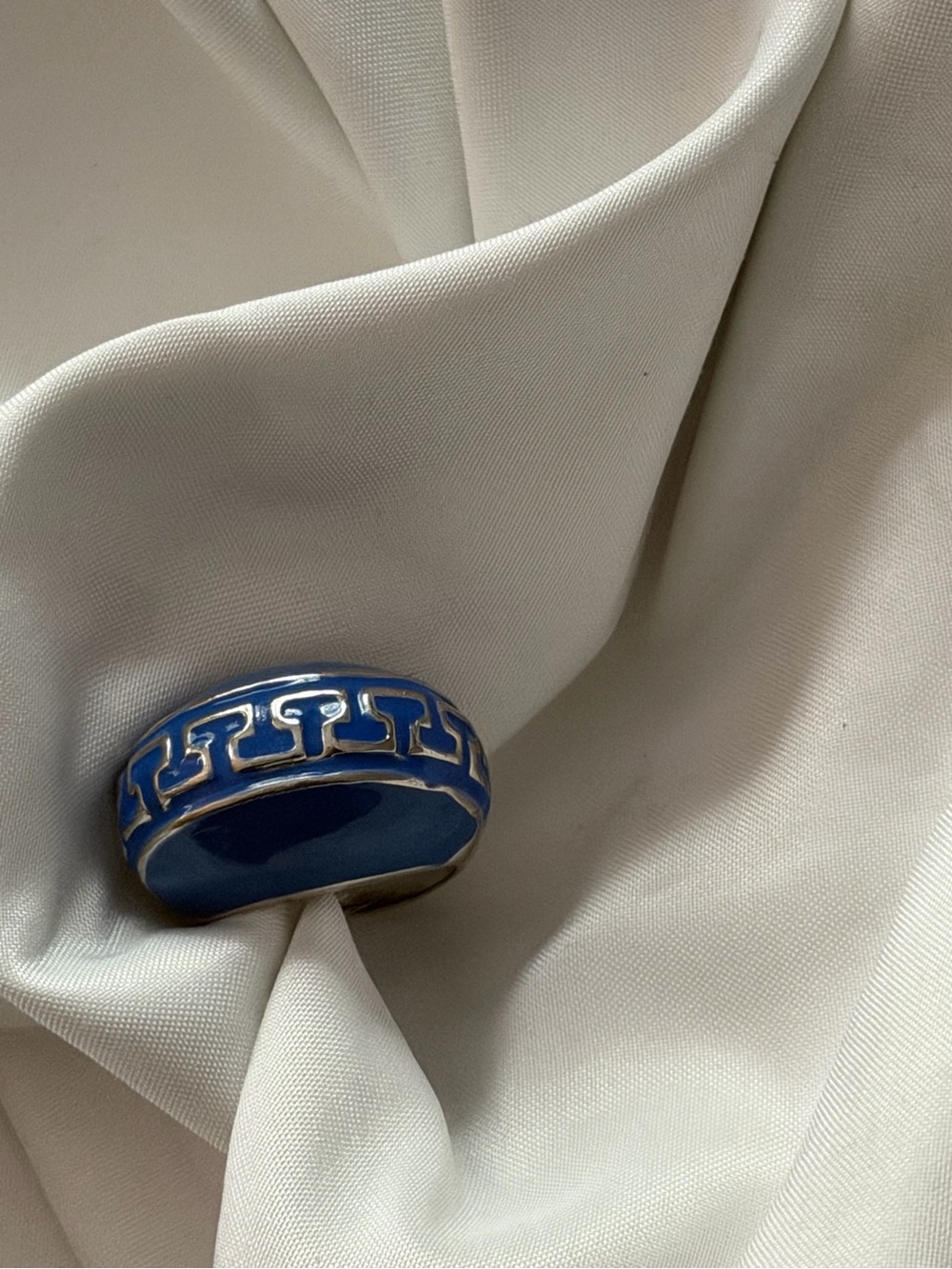 Blue Enamel Greek Key Dome Ring - Women's Accessory Size 8